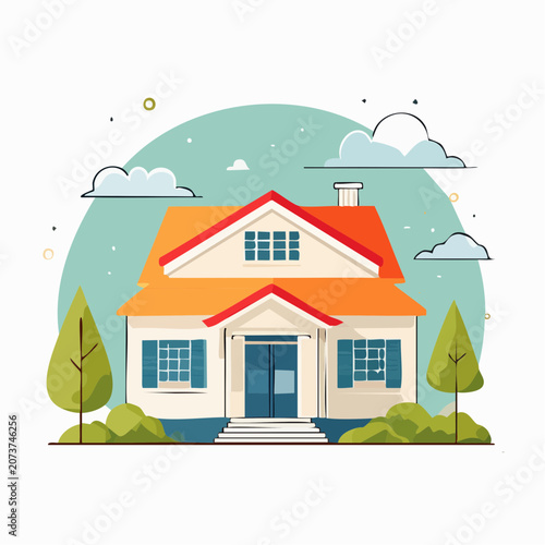 Stylized Illustration of a House with Trees and Clouds