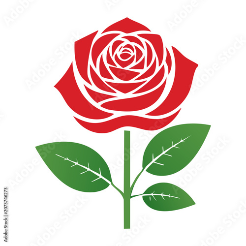 Stylized red rose with green leaves on white background