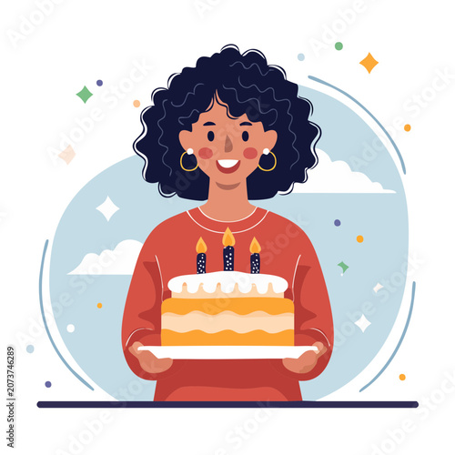 Woman holding birthday cake with candles, flat illustration