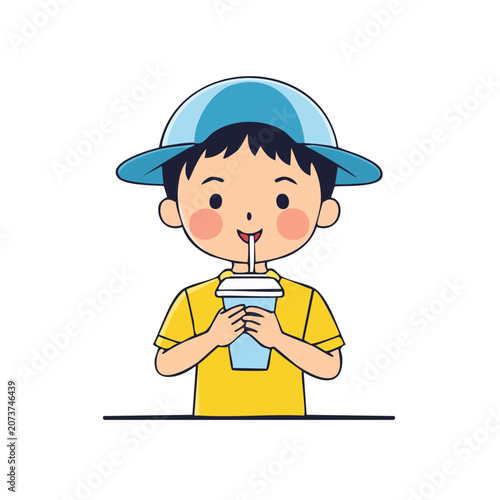 Cartoon boy drinking from a cup with a straw