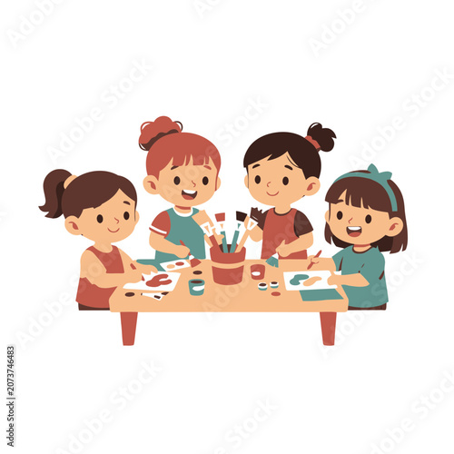 Cartoon children painting together at a table