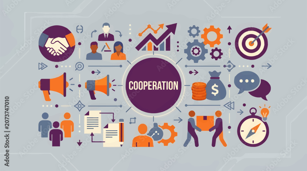 Naklejka premium Flat Design Vector Illustration of Business Concepts, showcasing Cooperation with icons like Handshake, Megaphone, Money Bag, Gears, Target and Lightbulb, signifying teamwork and success.
