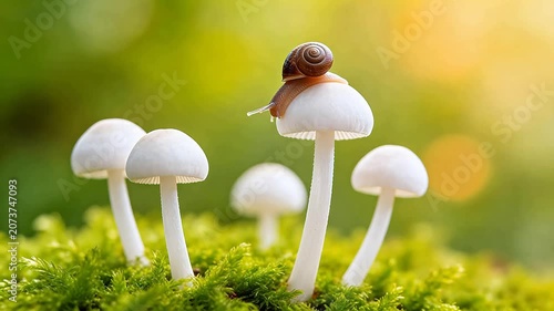 Snail on white mushrooms in moss