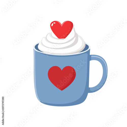 Blue coffee cup with whipped cream and heart illustration