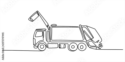 Continuous single line drawing of a garbage truck collecting trash for waste management service illustration for urban city environment and sanitation Vector, illustration
