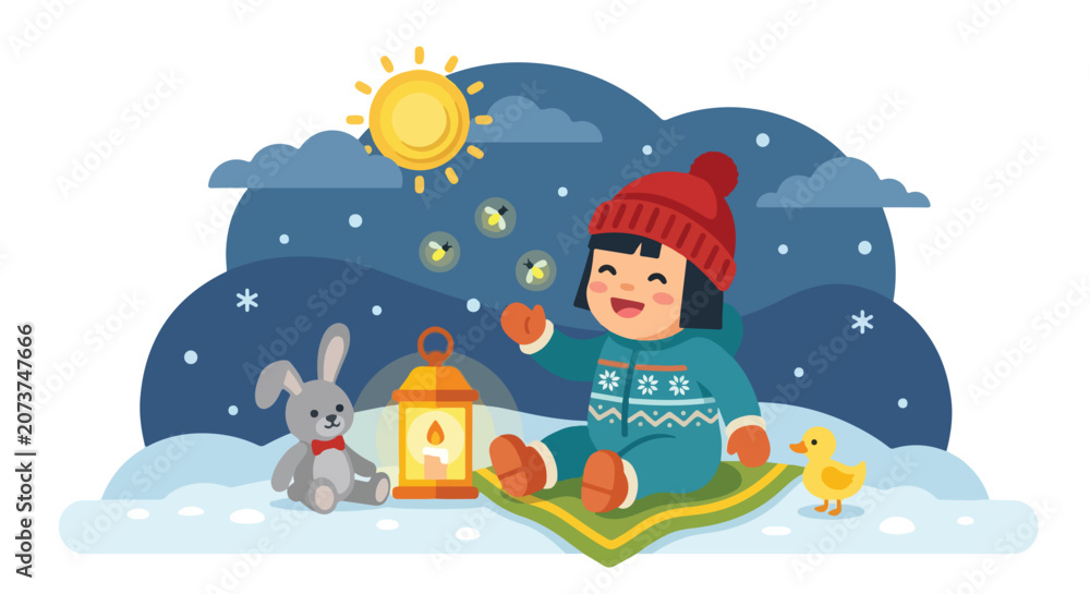 Naklejka premium A happy child in winter clothes sits on a mat in the snow with a toy rabbit, a duck, and a glowing lantern under a starry night sky.