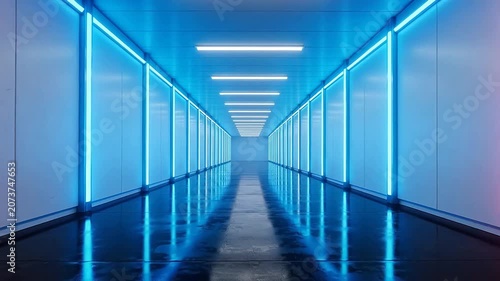 Neon lit corridor with reflective floor