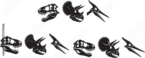 Dinosaur fossil skull collection icon set with t rex dinosaur paleontology prehistoric skeleton creature jurassic evolution wildlife collection silhouette isolated background predator