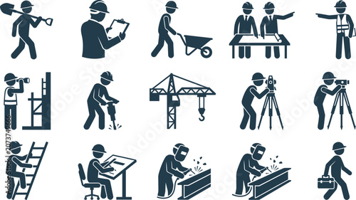 Foto Construction Worker and Engineering Site Activity Silhouette Icon Set Vector