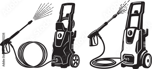 Collection of portable electric high pressure water washers with spray hose icon design pressure cleaning equipment maintenance industrial electric improvement