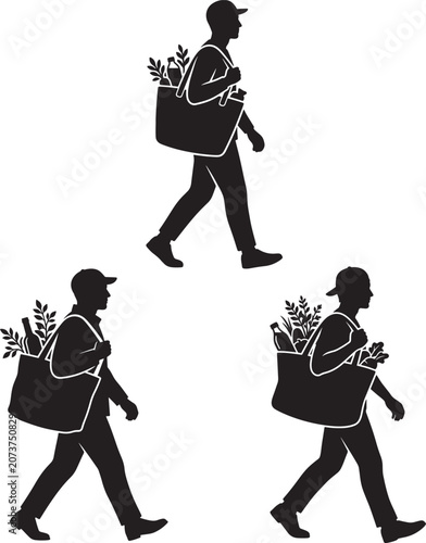 People walking carrying grocery bags full of fresh produce silhouettes with shopping silhouette customer consumer lifestyle carrying isolated collection activity purchase vegetables
