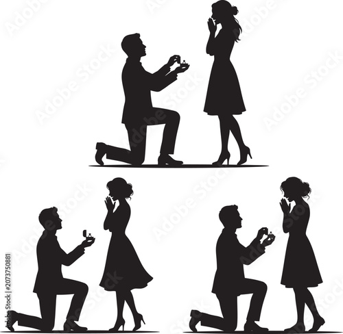 Set of silhouettes of a man proposing to a woman with a ring marriage proposal concept marriage proposal silhouette engagement kneeling relationship boyfriend girlfriend surprise commitment