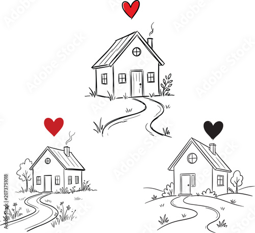 Set of hand drawn houses with decorative hearts residence property romantic illustration building architecture structure dwelling landscape minimalist lifestyle domestic housewarming