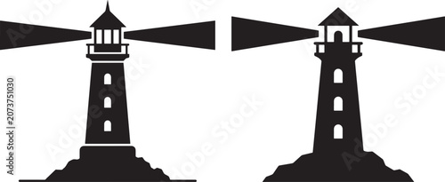 Black silhouette icons of lighthouses with beam light lighthouse navigation maritime silhouette nautical coastline shipping transport minimalist isolated collection structure architecture