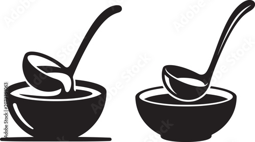 Set of soup bowls with ladle utensils black icons silhouette tableware culinary cookware isolated collection preparation restaurant kitchenware utensils flatware minimalist breakfast