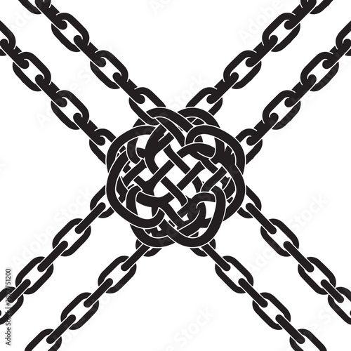 Celtic knot design connected by interwoven metal chains with interwoven strength connection intricate illustration industrial ornament abstract traditional cultural interlocking security