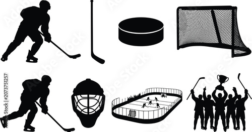Canvas Print Ice Hockey Silhouette Collection with Players Goal Net Rink Equipment and Champi