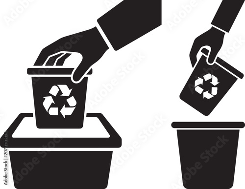 Waste recycling concept hands placing items into recycle bin icons with recycling environment sustainability disposal silhouette management protection pollution responsible dropping throwing
