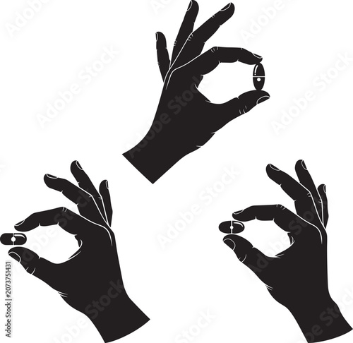 Hand silhouettes holding pills or capsules medication icons with medicine medication pharmaceutical supplement silhouette isolated treatment wellness prescription hospital clinical pharmacy