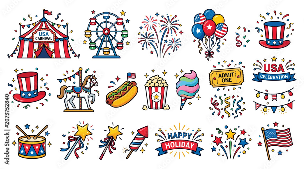 Fototapeta premium Vibrant American Independence Day Celebration Icons Displayed Against White