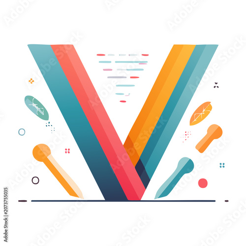 Abstract Letter V with Colorful Stripes and Geometric Shapes