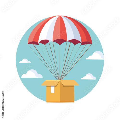 Cardboard box with parachute in the sky