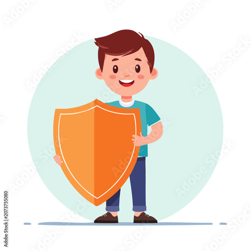 Cartoon boy holding orange shield illustration