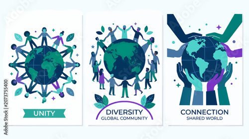 Flat Design Triptych Illustration Diverse People Holding Hands Around Earth Celebrating Global Unity and Connection