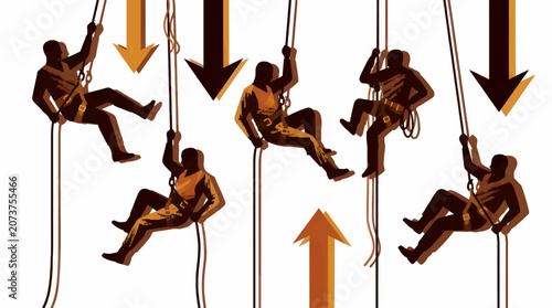 Flat Design Vector Illustration of Silhouettes Rappelling Down and Climbing Up Ropes, Emphasizing Directional Arrows, Representing Challenges and Progress, White Background