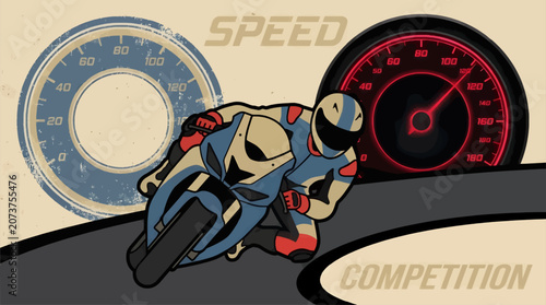 Flat Design Vector Illustration of Motorcycle Racer in Full Gear Leaning into Turn, Speedometer Displays High Speed, Competition and Speed Text Elements