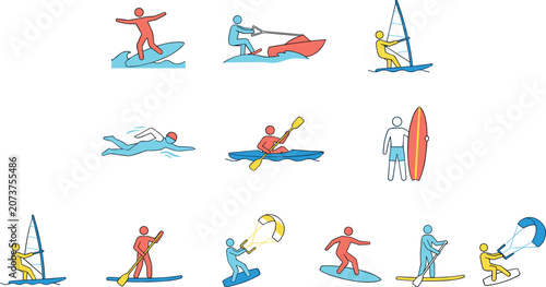 Water Sports and Summer Recreation Vector Icon Set with Surfing, Windsurfing, Kitesurfing, Kayaking, Jet Skiing, and Swimming Stick Figures for Outdoor Activity Designs