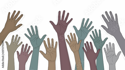 Diverse Group of Hands with Various Skin Tones Raised Upwards Against White Background, Flat Vector Illustration Representation of Unity, Participation and Equality