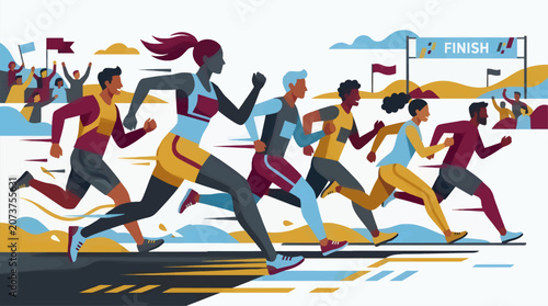 Diverse Runners Approaching Finish Line in Stylized Flat Illustration, Motion Blur and Dynamic Composition, Sports Competition Concept