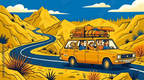 Family and Dog Enjoy Desert Road Trip in Yellow Station Wagon with Luggage, Winding Mountain Road, Sunny Arid Landscape