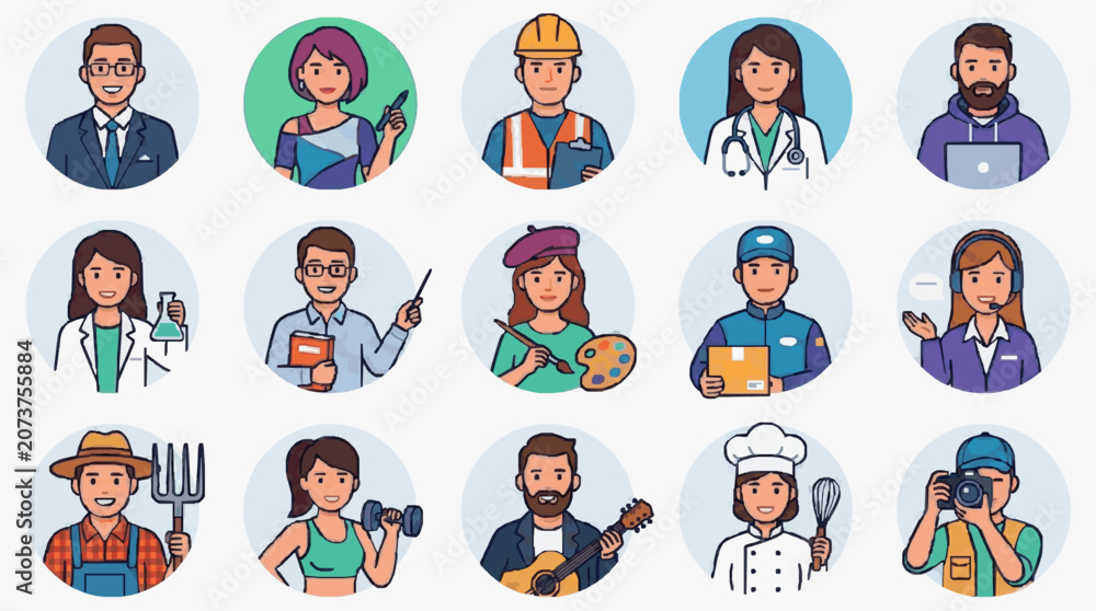 Fototapeta premium Dynamic Collection of 15 Diverse Cartoon Professionals with Unique Attire and Tools in Colorful Circular Icons