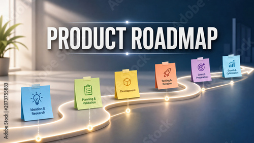Business product roadmap concept with glowing path, milestone notes, icons, and stages from ideation to growth in a modern office setting.