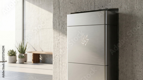 Modern home energy storage battery mounted on concrete wall with soft natural light