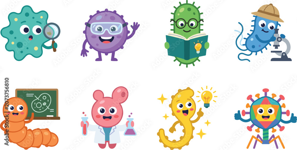 Fototapeta premium Cute Microorganism Cartoon Character Collection Featuring Educational Science Mascots and Laboratory Learning Concepts