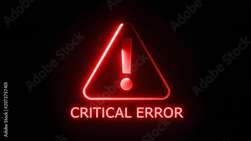 Red Neon Triangle Warning Sign with Critical Error Text Animation for Cyber Security and System Failure Alerts