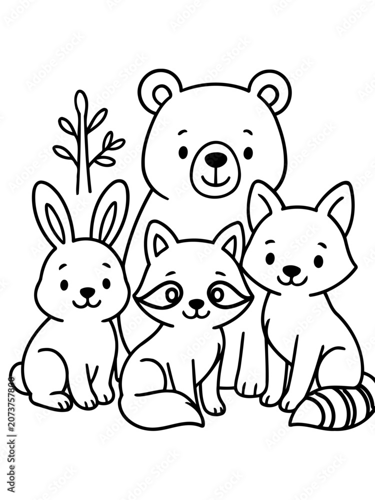Fototapeta premium Cute Woodland Animal Friends: A charming black and white illustration features a friendly bear, a curious rabbit, a playful raccoon, and a sweet fox gathered together in a whimsical forest setting.