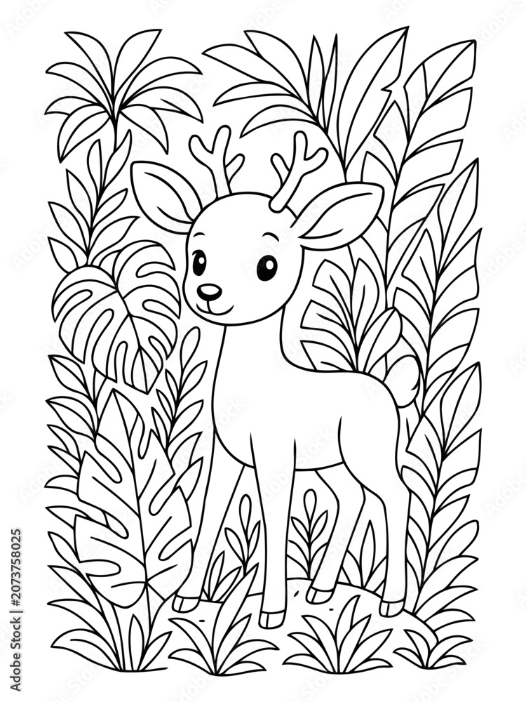 Fototapeta premium Cute Deer Illustration for Coloring: A charming cartoon illustration of a young deer with antlers, set amidst lush jungle foliage, perfect for children's coloring pages and nature-themed designs.