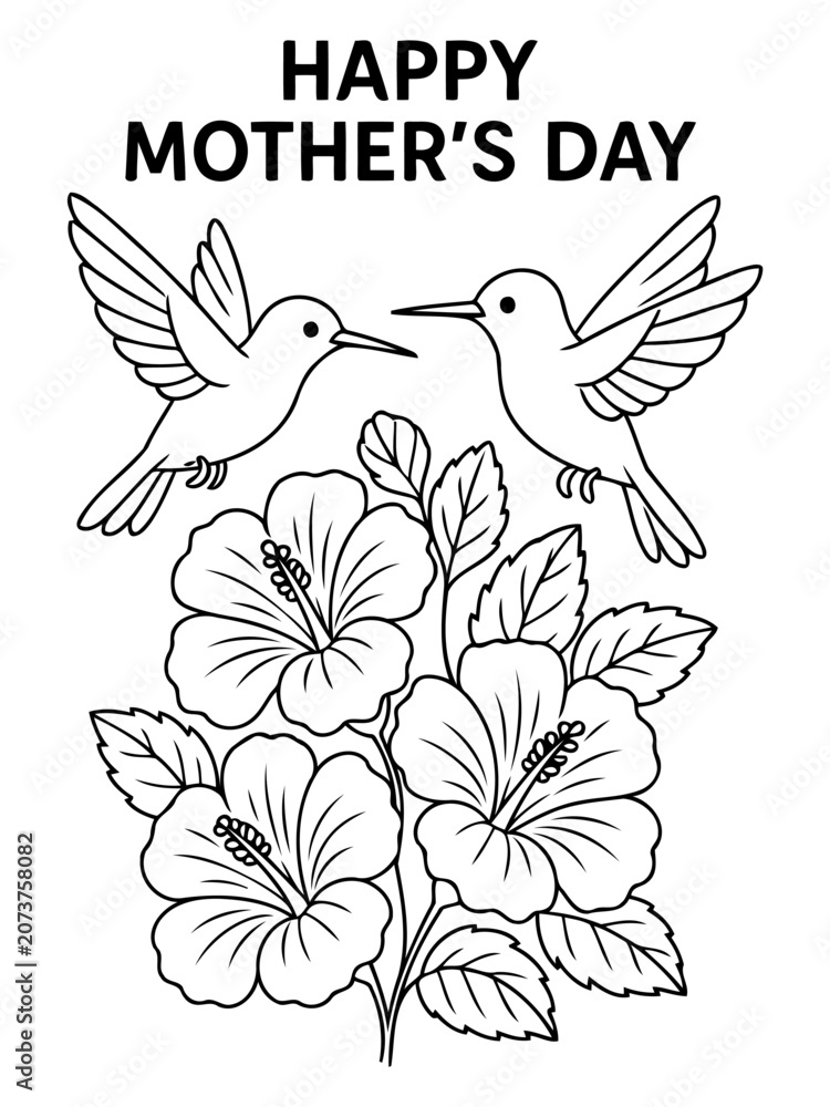 Fototapeta premium Happy Mother's Day Illustration: A heartwarming illustration celebrating Mother's Day features two hummingbirds hovering above a bouquet of hibiscus flowers.