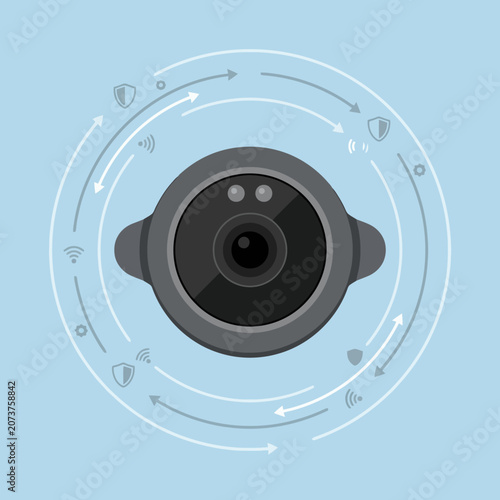 A modern security camera monitors a digital home network system