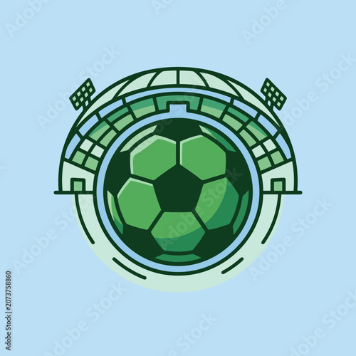 A stylized illustration of a soccer ball inside a stadium