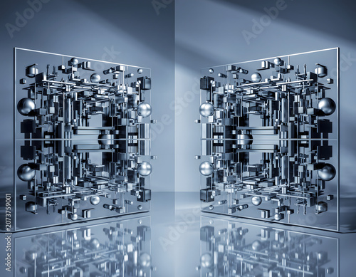 A pair of reflective glass panels with intricate geometric designs and metallic elements, creating a symmetrical and futuristic aesthetic.