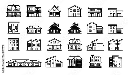 Photos Residential Houses Pixel Perfect Linear Icons Set with Multistorey Buildings and