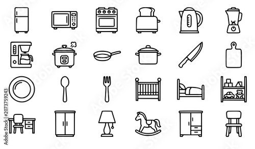 Photos Homeware Linear Icons Set with Kitchen Appliances Cooking Supplies and Children