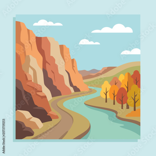 Flat vector landscape of a river flowing through a canyon