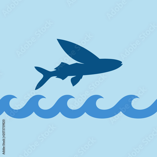 A blue flying fish leaps over ocean waves