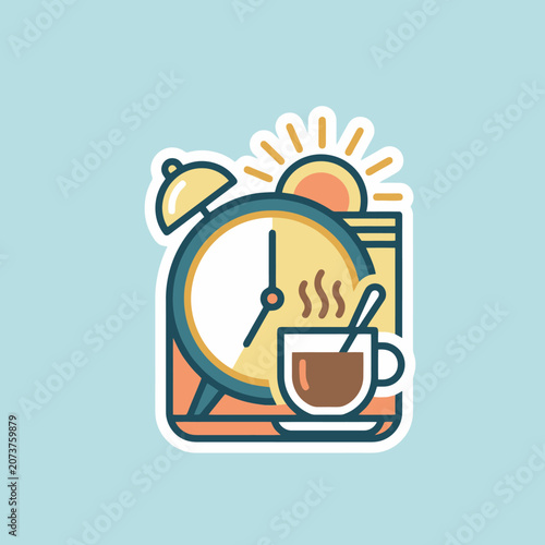 A flat vector illustration of an alarm clock and coffee cup